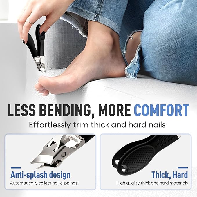 Wide Jaw Opening Anti-Splash Slanted Nail Clipper, Fingernail and Toenail Clippers Clippers for Ingrown Nails, Curved Toenail Clippers for Thick Nails, Household Slanted Nail Clippers (Black)