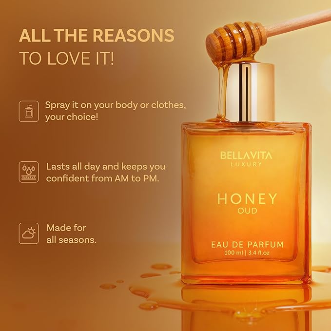 BellaVita Luxury Honey Oud Eau de Parfum (3.4 fl. oz.) | Patchouli, Vanilla, Bergamot, Floral & Spicy + Made with Clean & Vegan Essentials Oils + Cruelty Free | Long-Lasting Unisex Fragrance