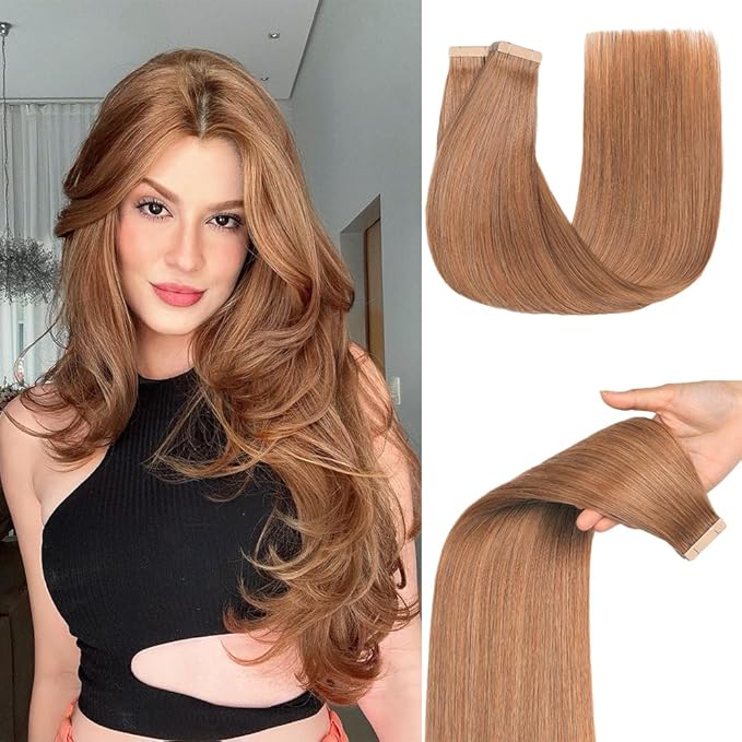 Tape in Hair Extensions Real Human Hair 24 Inch Light Brown Double Sided Tape for Skin Weft Hair Extension Invisible Tape in Hair Extensions Straight Remy Human Hair for Women 20pcs (30#,24 Inch)