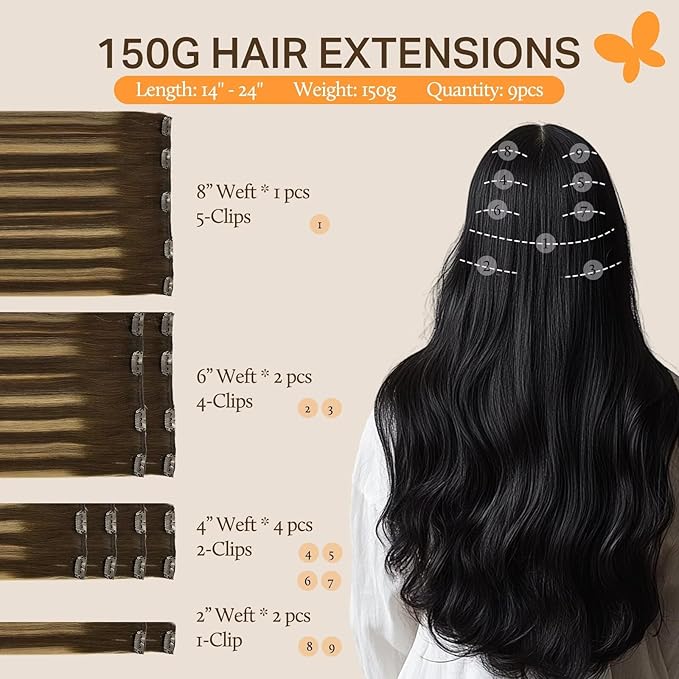DOORES Clip in Hair Extensions, Balayage Chocolate Brown to Caramel Blonde 150g 9pcs 22 Inch Remy Human Hair Extensions, Natural Straight Thick