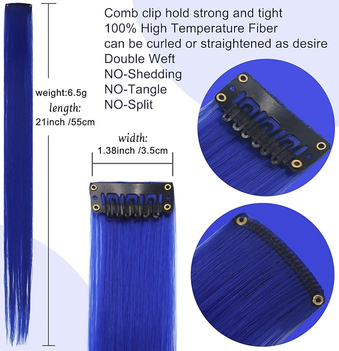 10PCS 20''Light Blue Sapphire Blue Hair Extensions for Girls Wig Pieces Clip in Coloured Hair Extensions for Teens Colorful Hairpieces Party Synthetic Multiple Colors