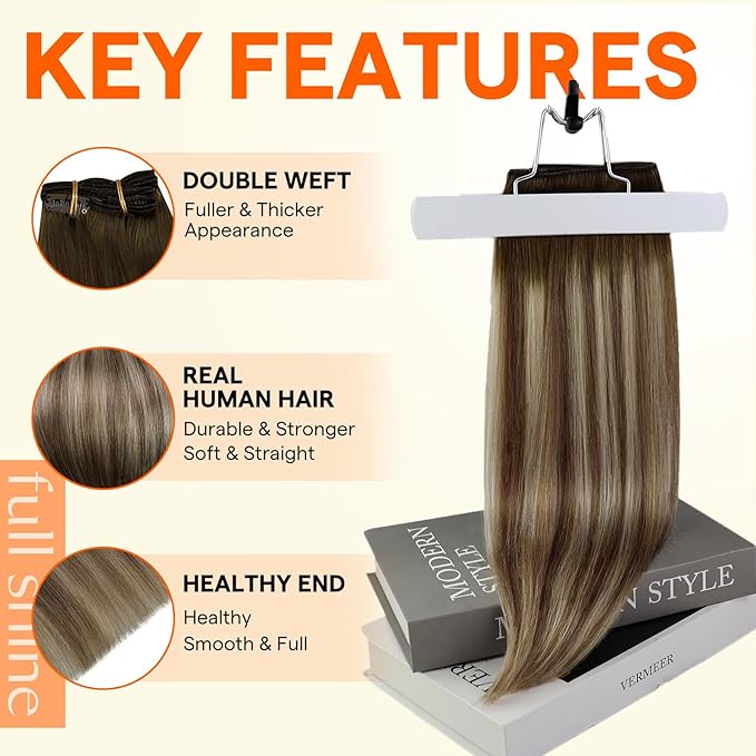 Full Shine Weft Hair Extensions Human Hair Balayage Hair Wefts Human Hair Sew in Ombre Brown to Medium Blonde Real Human Hair Weft Extensions Double Weft Dark Roots 22 Inch 105G