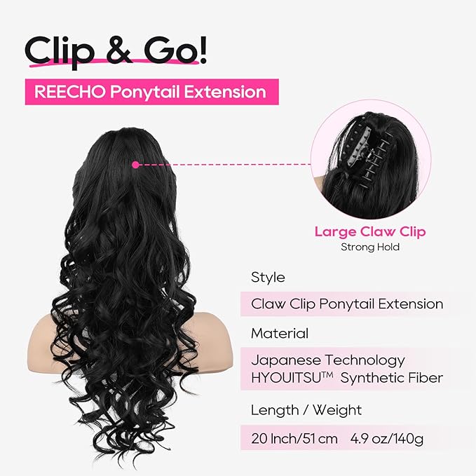 REECHO 20' Claw Clip Ponytail Extension, Curly Clip in Ponytail Long Pony Tails Hair Extensions for Women, Fluffy Natural Looking Synthetic Hairpiece, Natural Black
