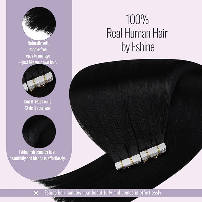 Fshine Tape ins Human Hair Extensions 18 Inch Black Tape in Extensions Real Human Hair 50g Straight Black Remy for Women 20pcs