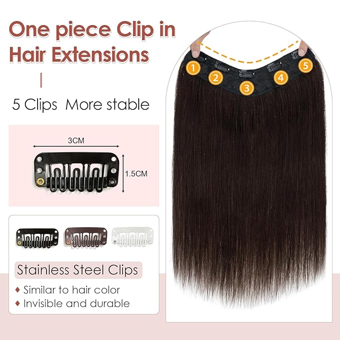Benehair One Piece 5 Clips in Hair Extensions Human Hair 3/4 Full Head V Shaped Weft Thick Lace Net For Women (16"-65g #2 Dark Brown)