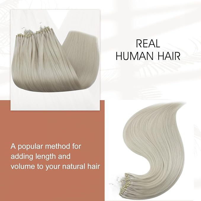 Full Shine Micro Loop Hair Extensions Real Human Hair Ice Blonde Soft Natural Human Hair 14 Inch Microlink Hair Extensions 50G with 7G Micro Beads Cold Fusion Extensions for Women