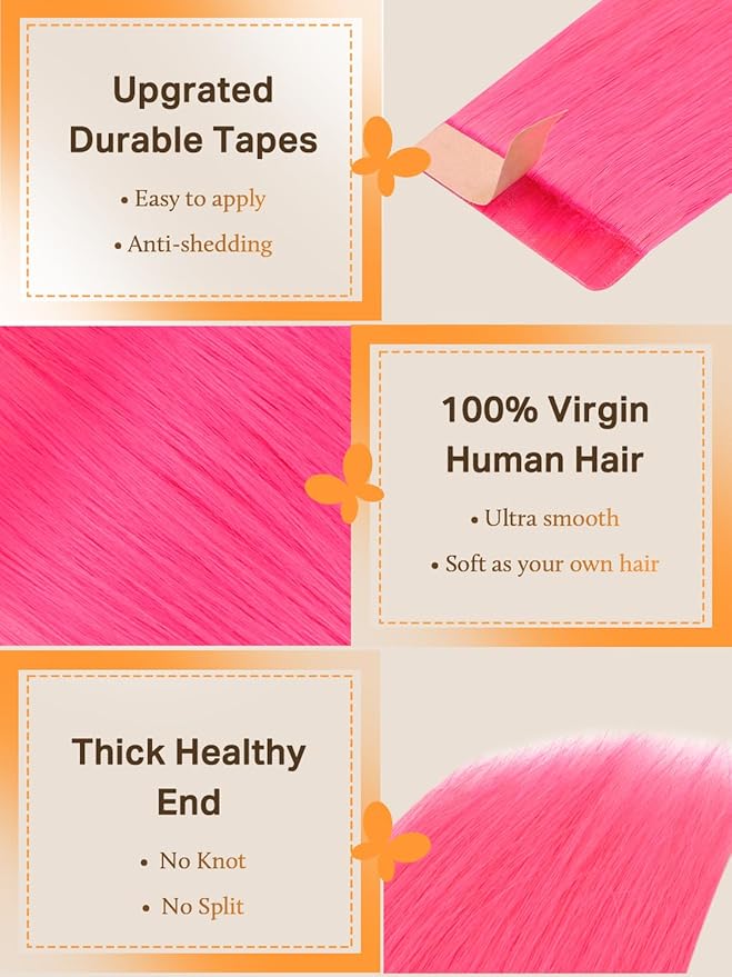 DOORES Hair Extensions Real Human Hair, Hot Pink 20 Inch 30g 10pcs, Tape in Remy Straight Natural Hair for Women Skin Weft Hair Extensions