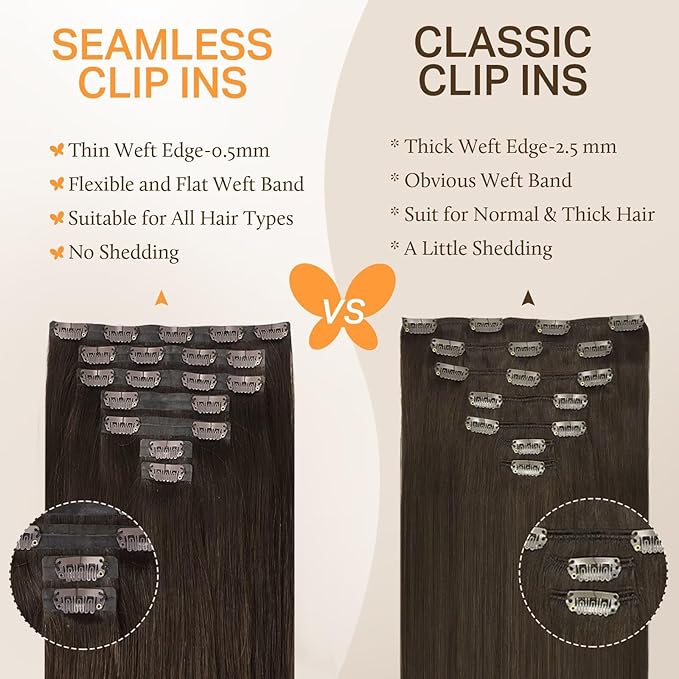 DOORES Seamless Clip in Hair Extensions Real Human Hair, Light Dark Brown 150g 7pcs 22 Inch Virgin Clip in Hair Extensions, Invisible Edge Clip in Hair Extensions, Straight Natural Hair