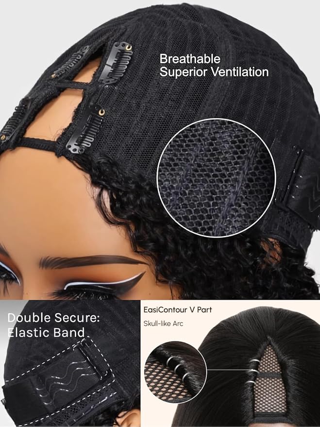 Julia Hair V Part Human Hair Wig Kinky Straight for Women Glueless Wigs Brazilian Virgin Human Hair Wigs Upgrade Upart Wig No Leave Out No Glue No Sew Natural Black Beginner Friendly 24 Inch