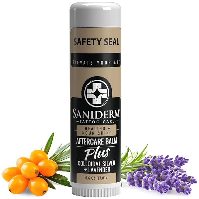Saniderm Tattoo Aftercare Balm PLUS+ - Small (0.6 oz) – Petroleum Free, Organic Tattoo Moisturizer Infused with Colloidal Silver, Lavender Oil, and Other Natural Ingredients