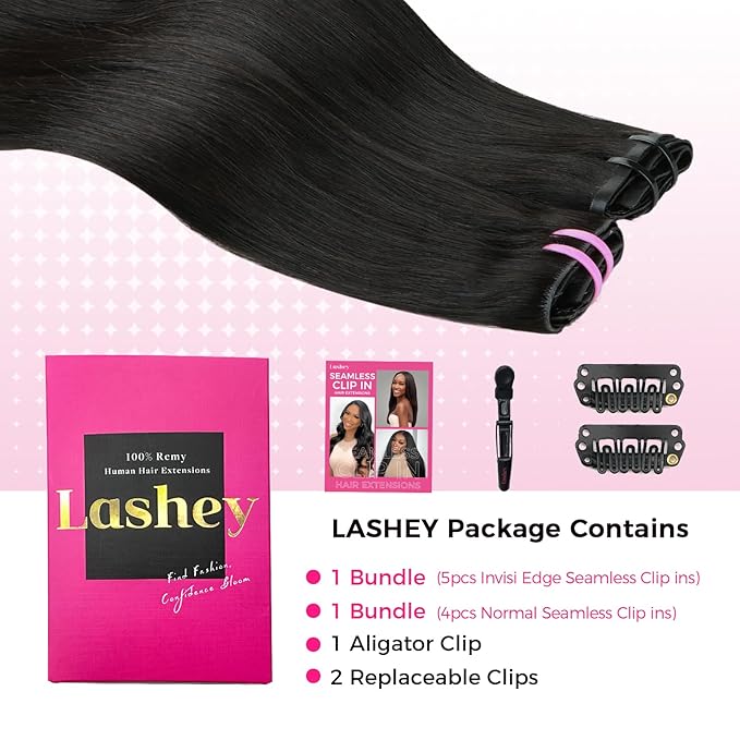 Lashey Invisi Edge & Seamless Clip in Hair Extensions Human Hair, 14 Inch 130g 9pcs(5pcs Invisi Edge& 4pcs Seamless) Real Virgin Human Hair Extensions, Natural Black Straight Hair