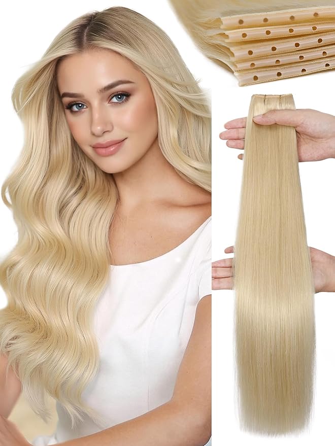 WIGNEE Genius Double Butterfly Human Hair Extensions Invisible 18 Inch Blonde Hair Extensions Real Human Hair 5 PCS 100g Seamless Micro Beads Human Hair Extensions Glueless for white women(60A)