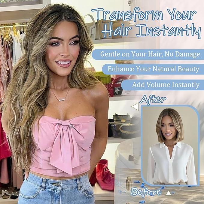 Ash Medium Brown Highlights Invisible Wire Hair Extensions Long Wavy Synthetic Hairpiece with 4 Secure Clips for Women 20 Inch Clip in Hair Extensions