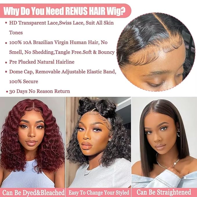 Deep Wave Bob Wig Human Hair 13x4 Hd Lace Front Wigs Human Hair Wear and Go Glueless Wigs Human Hair Pre Plucked Pre Cut Short Curly Bob Wigs For Women 180% Density 14 inch