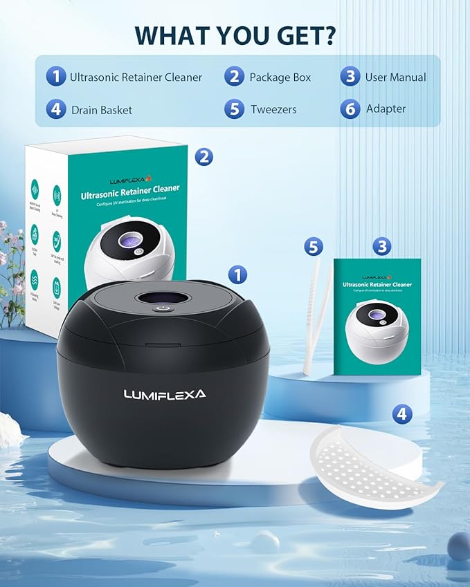 Ultrasonic Retainer Cleaner-45kHz Retainer Cleaner Machine,4 Modes Ultrasonic Cleaner for Dentures, Aligners,Mouth Guards, Braces,Toothbrush,Jewelry-200ML Dental Pod(Black)
