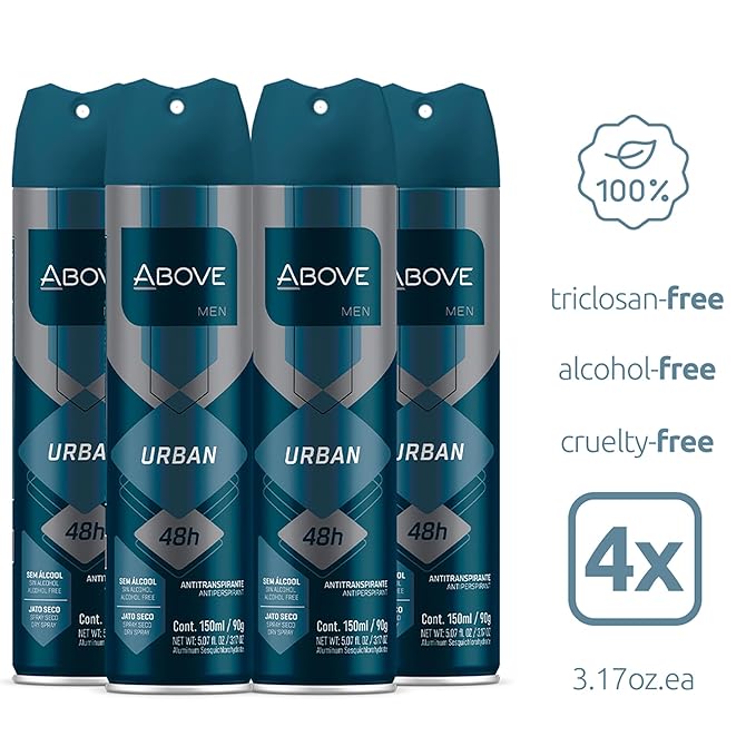ABOVE 48 Hours Antiperspirant Deodorant, Urban, 4 Pc - Dry Spray Deodorant for Men - Citrus Scent - Antiperspirant Spray - No Stain - Cruelty-Free