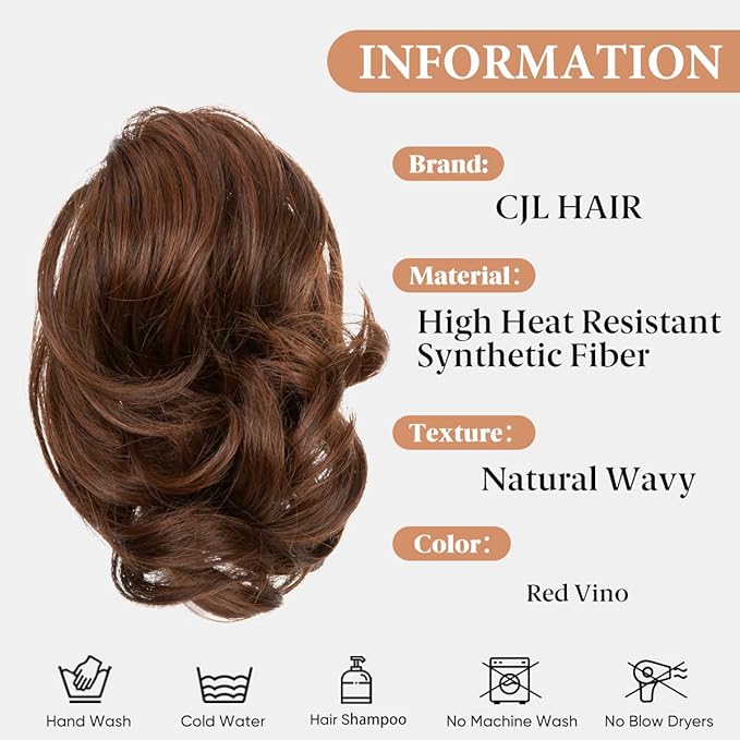 CJL HAIR Claw Clip Short Ponytail Hair Extensions DIY Bendable Metals Messy Bun Hair Piece for Wonen Wavy Curly Synthetic Fake Hairpieces Red Vino