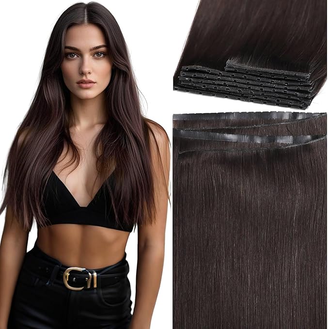 Lacer One Piece Butterfly Weft Hair Extensions Human Hair 22 Inch 100g Hand Tied Remy Human Hair Extensions With Micro Beads Darkest Brown 31.5"(80cm)