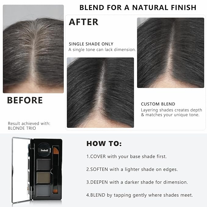 Root Touch Up Hair Color Powder, 3-Color Hairline Kit for Women & Men|Sweat Resistant&Nourishing, Instant Grey Coverage&Scalp Concealer, Natural Bald Spot Cover Up for Thinning Hair–Black