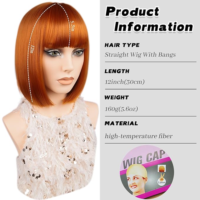 MAYSA Ginger Bob Wig with Bangs for White Women Short Blonde Bob Wig 12in Synthetic Daily Party Natural Looking Wigs # Ginger
