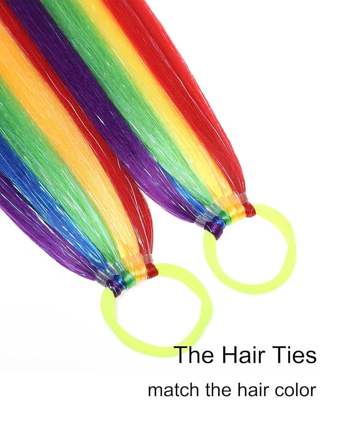 Colored Hair Extensions Rainbow Ponytail Extension 2 Packs, 20 inch Crazy Hair Day Accessories for Women, DIY Festival Wacky Rave Braids,Tinsel Mixed