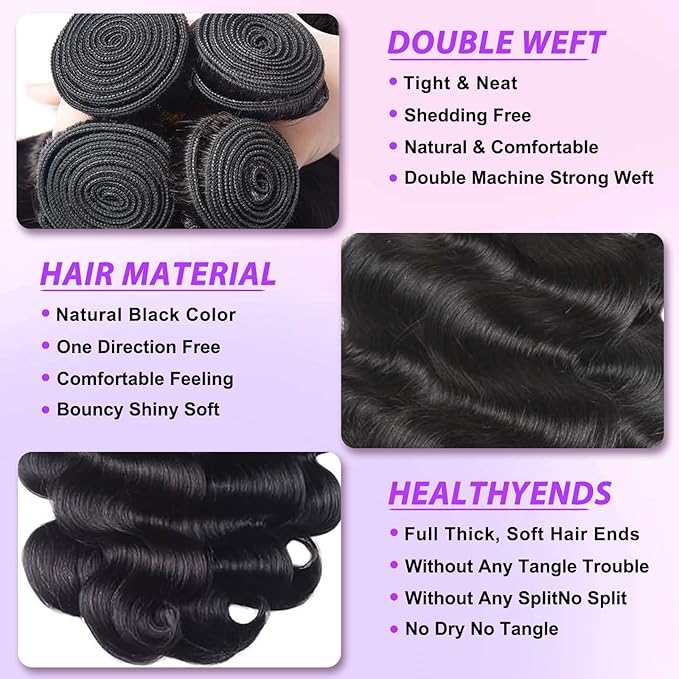 12A Human Hair Bundles 20 22 24 26 Inch Body Wave Bundles Human Hair 100% Unprocessed Virgin Remy hair 4 Bundle Real Natural Black Wet and Wavy Human Hair Extensions for Women Black Color