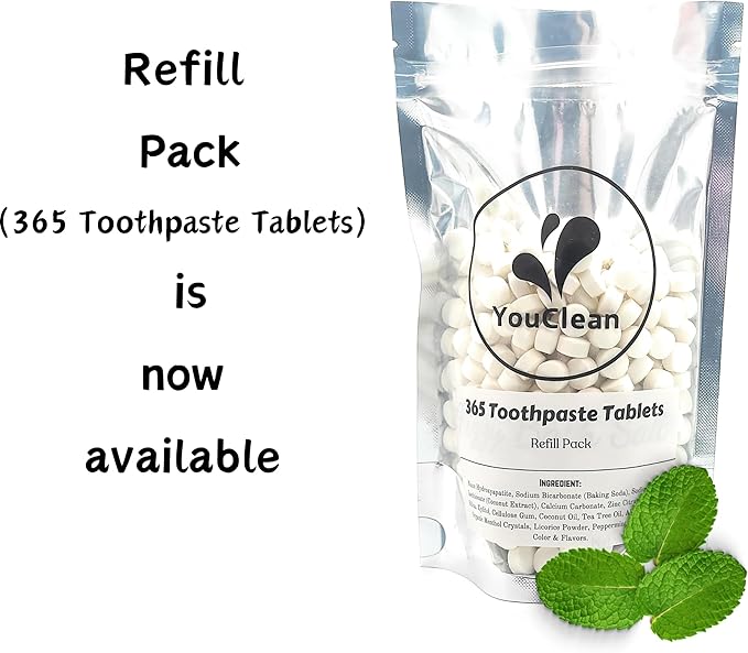 90 toothpaste tablets in Refill/Recycle Glass Tube - For Travel and Daily Home Office Use - Nano Hydroxyapatite, Fluoride-Free, Vegan (Mint)