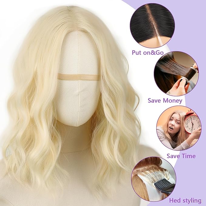 AISI HAIR 14 Inch Platinum Wigs for Women - Shoulder Length Wave Wig with Pre-Cut Lace Hairline, Middle Part Natural Wavy Bob Synthetic Heat Resistant Fiber for Daily and Party