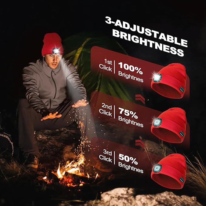Gifts for Men, Rechargeable Bluetooth Music Unisex Beanie Hat with Light, Stocking Stuffers for Women, Birthday Gifts for Men, for Him, Red