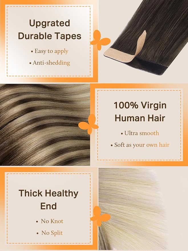 DOORES Tape in Real Human Hair Extensions, Ash Brown to Dirty Blonde Balayage Platinum Blonde 16 Inch 50g 20pcs, Invisible Hair Extensions Tape in Balayage Straight Seamless
