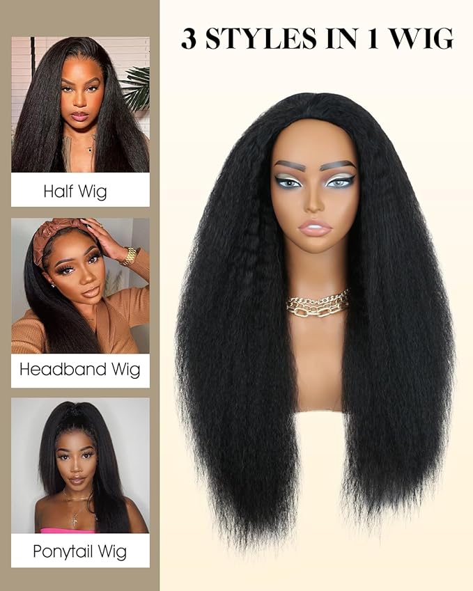 Kinky Straight 3 in 1 Half Wig Human Hair 200% Density for Women, Glueless Wear & Go No Lace Flip Over Wig, Seamless Beginner-Friendly Clip In Half Wigs, 26 Inch