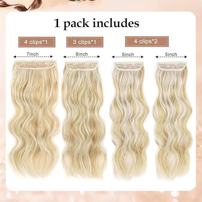 4pcs Highlights Clip in Synthetic Hair Extension for Women Dark Ash Blonde Mixed Bleach Blonde Long Wavy Natural Hairpieces 20 Inch Double Weft Hairpieces Full Head For Women (20INCH, P86/613)