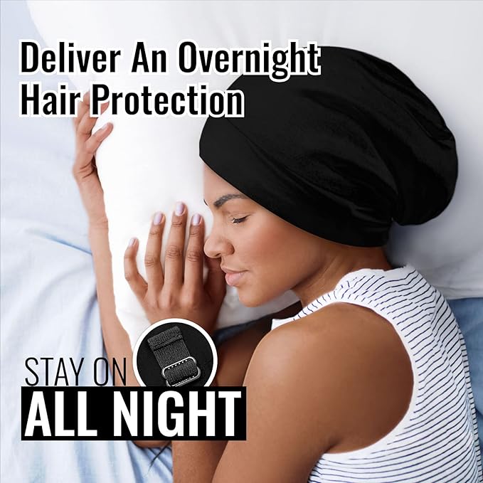 Satin Lined Sleep Cap Bonnet for Curly Hair and Braids, Stay On All Night Hair Wrap with Adjustable Strap for Women and Men, Black and Purple, Pack of 2