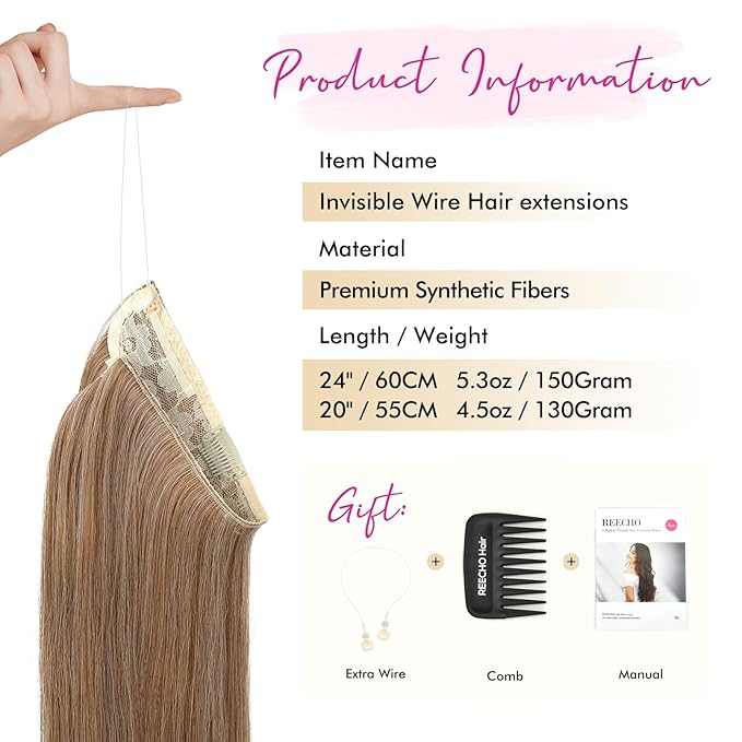 REECHO Invisible Wire Hair Extensions with Transparent Headband Adjustable Size Removable Secure Clips in Straight Secret Hairpiece for Women (24 Inch (Pack of 1), Dark Blonde)
