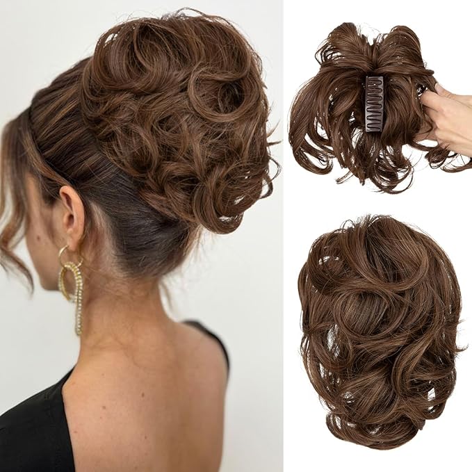 CJL HAIR Claw Clip Short Ponytail Hair Extensions DIY Bendable Metals Messy Bun Hair Piece for Wonen Wavy Curly Synthetic Fake Hairpieces Chocolate Multi
