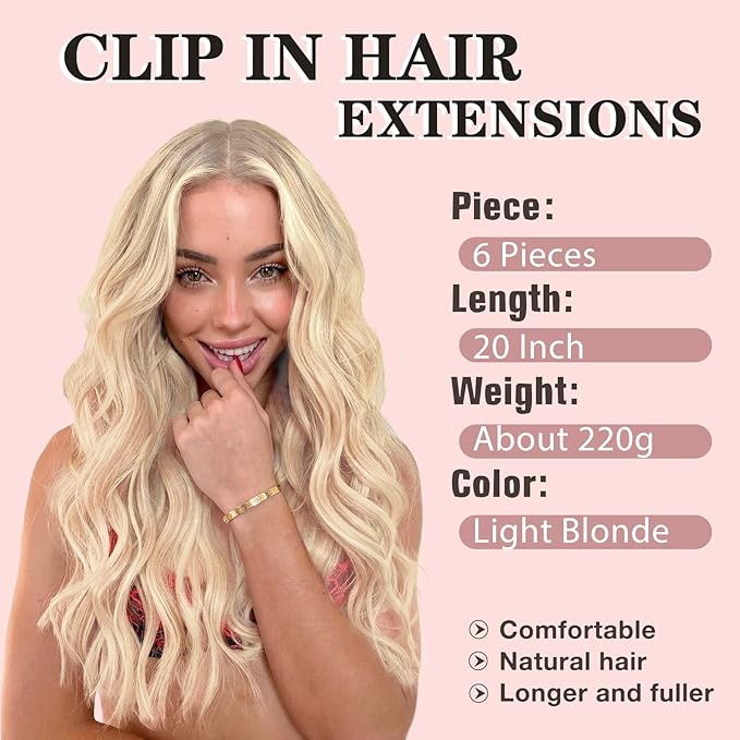 NAYOO Clip in Hair Extensions for Women 20 Inch Long Wavy Curly Light Blonde Hairpieces Full Head Synthetic Hair Hairpieces (6PCS, Light Blonde)