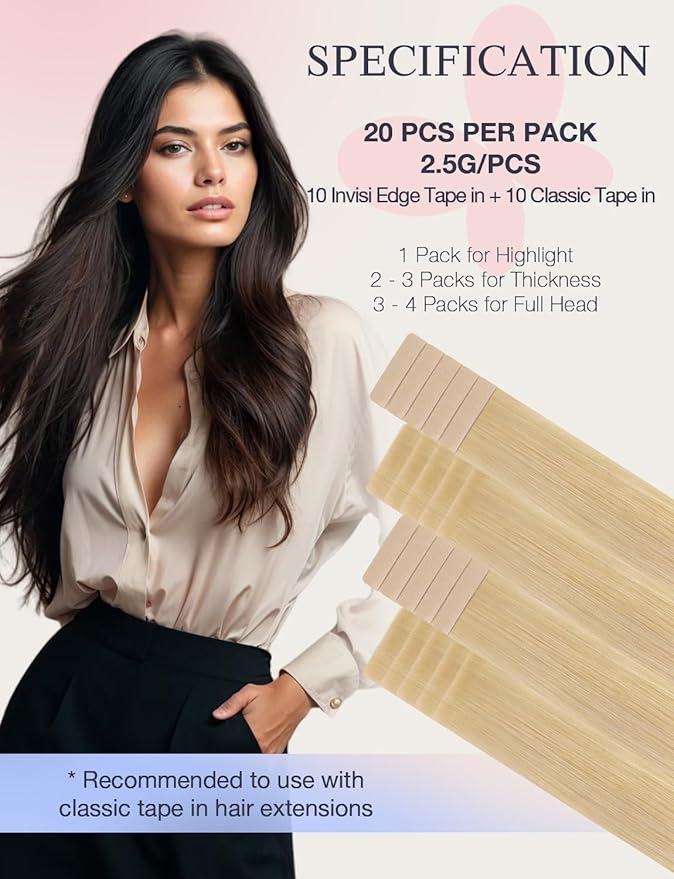DOORES Invisi Edge Tape in Hair Extensions, Drity Blonde Mixed Platinum Blonde 10 Injection Tape-ins with 10 Classic Tape-ins 50g 18 Inch, Injection Tape in Extensions Virgin Hair