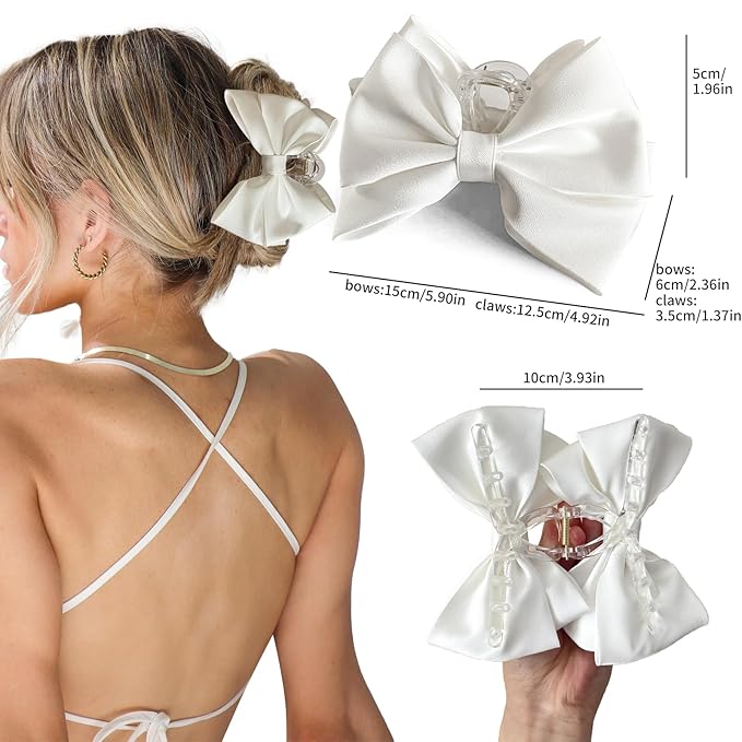 Bow Claw Clip,StrongHold Cute Bow Hair Claw Clips for Women Girls,Nonslip Silky Big Hair Bows Ribbons for Hair Claws,Large Claw Clips for Thick/Thin Hair Styling Accessories Gifts (white,pink)