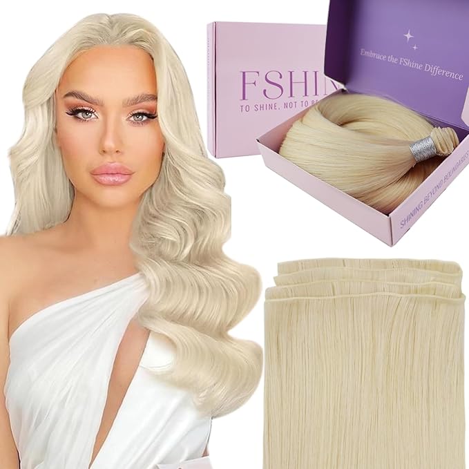 Fshine Weft Real Human Hair Extensions for Women Platinum Blonde Sew in Blonde Hair Weft Remy Human Weave One Piece 14 Inch 50g