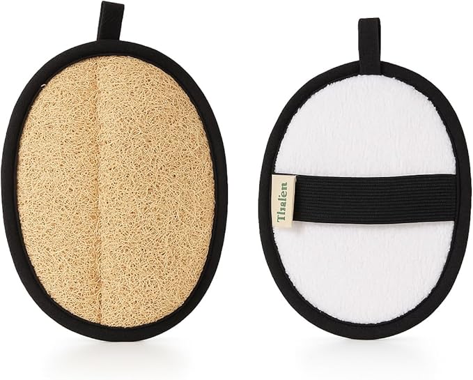 Thalen Natural Loofah Exfoliating Scrubber Body and Face - 3-Pack | Plastic-Free Loofah, No PFAS, Bath Sponge for Women, Shower Scrubber Exfoliator, Face Scrubber for Smooth Skin - Black Obsidian