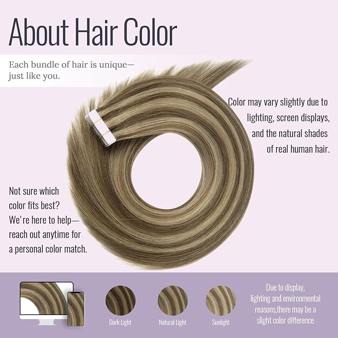Fshine Remy Tape in Hair Extensions 16 Inch Double Sided Medium Brown Highlight Honey Blonde Skin Weft Human Hair 50 g Invisible 20 pcs,Designed to Boost Volume & Length