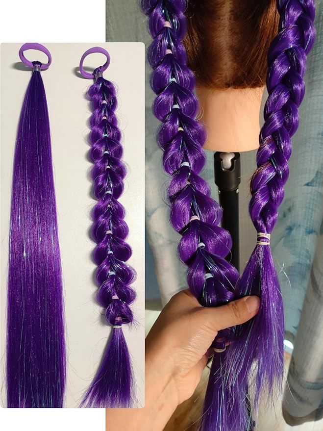 Purple Hair Extensions for Braids Ponytail Extension 2 Packs, 20 inch Crazy Hair Day Accessories for Women, DIY Festival Wacky Rave Braids,Tinsel Mixed