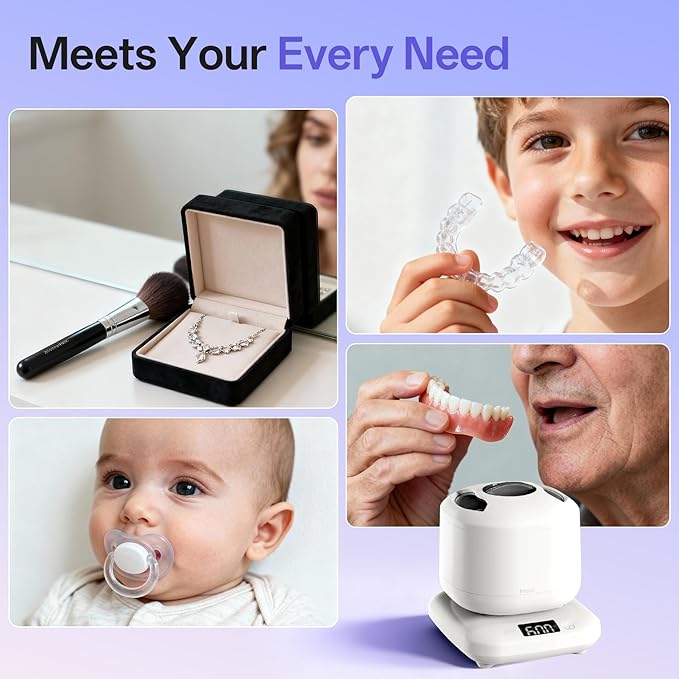 Ultrasonic Jewelry Cleaner Machine with U-V Light, Detachable Retainer Cleaner for Jewelry, Retainers, Dentures, 42kHz Ultrasonic Cleaner with 3 Modes, Waterproof, for family, White