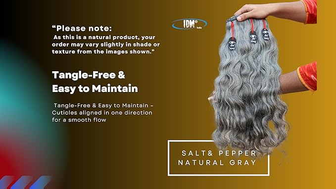 24” Wavy Salt & Pepper/Natural Gray 3 bundles. Its 100% Natural Indian Virgin Raw Hair Extensions .Natural color unprocessed and not treated with any kind of chemicals