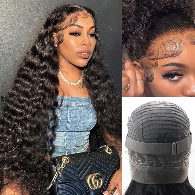 Hidden Strap 360 Deep Wave Lace Front Wigs Human Hair 220% Density 360 Glueless Wigs Human Hair with Drawstring 360 Deep Wave Curly HD Full Lace Front Wigs Human Hair Pre Plucked 26 inch