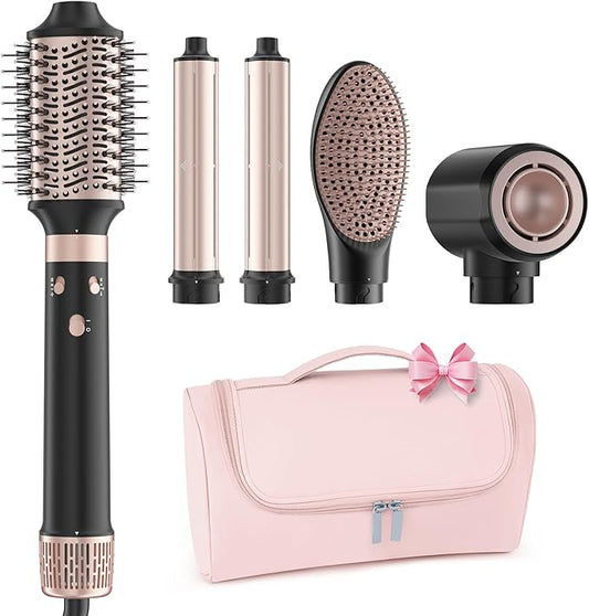 5 in 1 Dual Voltage Hot Air Styler - Professional Hair Dryer Brush for Fast Drying, Curling, Straightening & Volumizing | Low Heat Damage + Negative Ions + Travel-Friendly(Black + Pink)