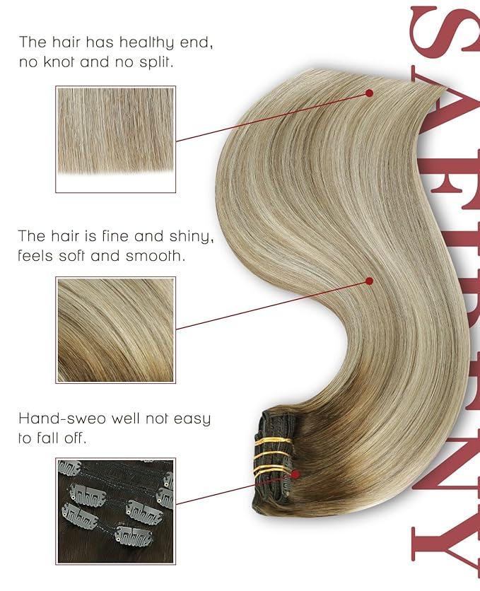 Clip in Hair Extensions Real Human Hair Double Weft Balayage Color Walnut Brown To Ash Brown and Golden Blonde,22 Inch 160g,7pcs Per Set With 19 Clips(#3/8/22,22")