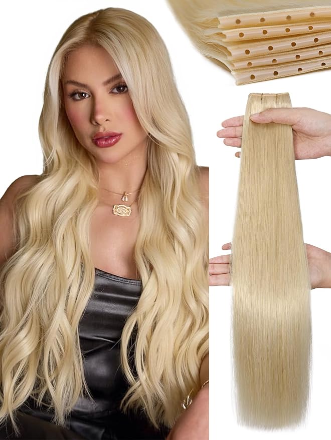 WIGNEE OVO Double Hand-Tied Butterfly Human Hair Extensions–20 Inch,100g,5PCS, Real Remy Human Hair, Glueless Micro Bead Install,Platinum Blonde Hair Extensions (60A) Seamless Soft Silky Reusable