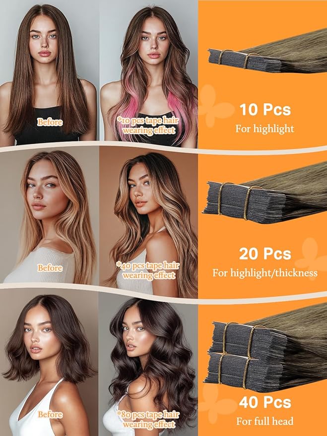 DOORES Human Hair Extensions Tape in, Walnut Brown to Ash Brown and Bleach Blonde 12 Inch 80g 40pcs, Tape in Hair Extensions Remy Straight Hair Extensions