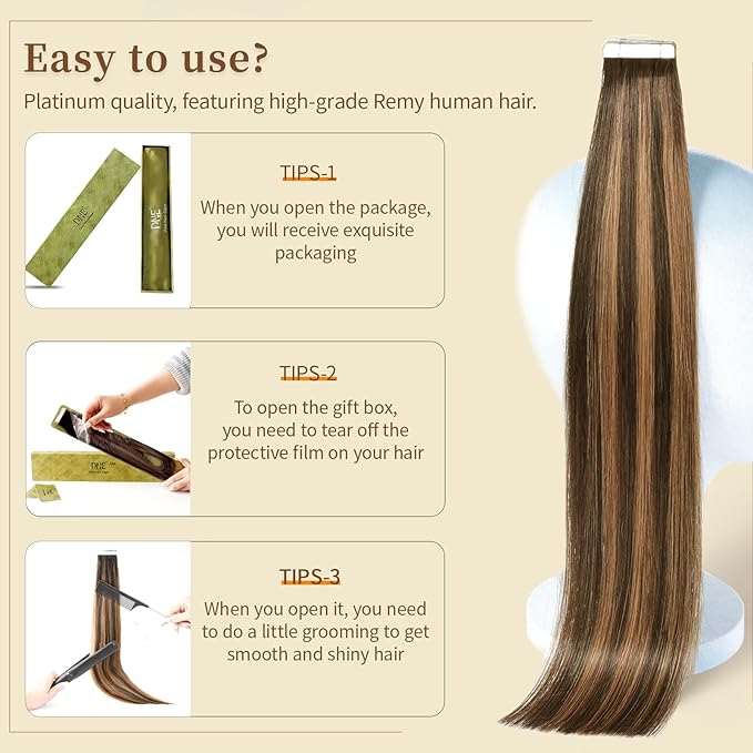 DNE Tape in Hair Extensions Real Human Hair 24 inches 20Pcs/50g/Pack Seamless Dark Brown to Chestnut Brown#T2-P2/6 Straight Invisible Double Sided Tape in Hair Extensions for Women/Girls